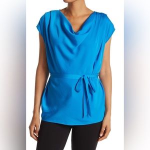 GIGI PARKER COWL NECK TIE WAIST BLOUSE IN INDIGO BUNTING size Large